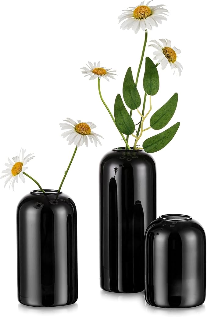 Glasseam Bud Vases for Flowers, Cute Black Vase Set of 3, Small Glass Vases for Decor, Handmade Unique Decorative Vases for Living Room Decorations, Minimalist Modern Flower Vases for Centerpieces