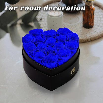 16-Piece Forever Flowers Heart-Shaped Box – Real Immortal Preserved Roses Lasting a Year, Perfect for Birthday, Girlfriend, Mother, or Wife, Valentine Day Gift for Her - Blue