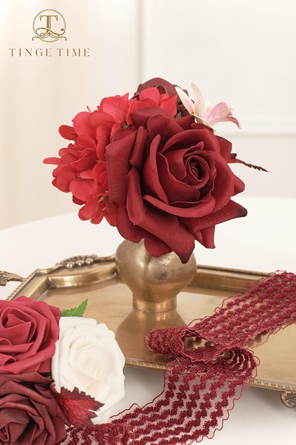 TINGE TIME Artificial Flowers Combo Mix Silk Flowers Red Roses w/stem for DIY Wedding Bridal Bouquets Baby Shower Floral Arrangement Table Centerpieces Home Decorations (Burgundy)