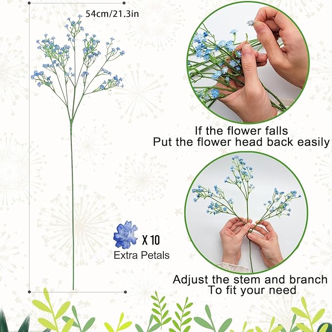 JIFTOK Babys Breath Artificial Flowers, 24 Pcs Fake Flowers Gypsophila Bouquet Fall Flowers Artificial for Decoration, Real Touch Silk Flower for Wedding Christmas DIY Party Home Garden Office (Blue)
