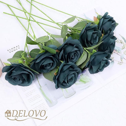 52pcs Emerald Green Roses Artificial Flowers Fake Flowers Silk Roses with Stems for DIY Wedding Bouquets Bridal Shower Centerpieces Arrangements Party Decorations