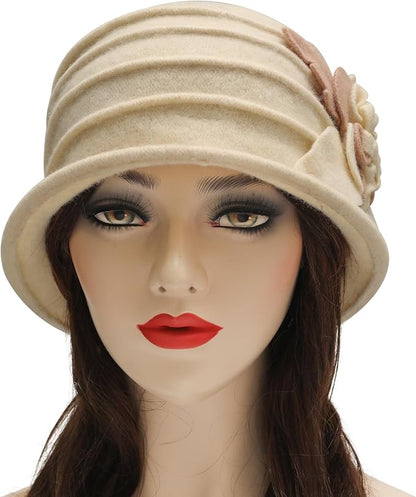 ZLYC Women Wool Cloche Bucket Hat 1920s Vintage Dress Winter Hats with Flower Accent