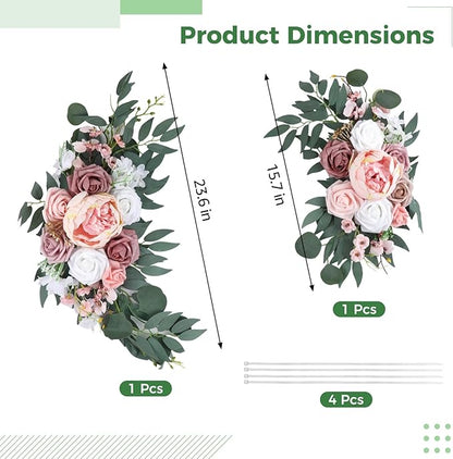 2PCS Wedding Arch Flowers, 23'' & 15'' Pink Artificial Wedding Arch Floral Swag Arrangement for Reception Backdrop Decoration, Bridal Shower, Baby Shower, Photo Backdrop Decorations