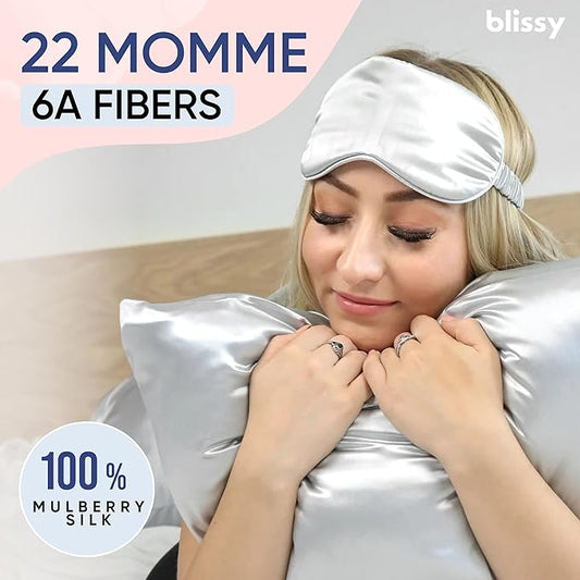 Blissy Silk Pillowcase - 100% Pure Mulberry Silk - 22 Momme 6A High-Grade Fibers - Silk Pillow Cover for Hair & Skin - Regular, Queen & King (Silver, Standard)