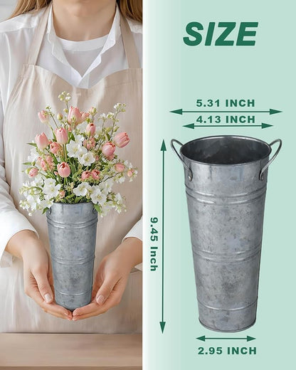9 Inch Galvanized Metal Vases for Flowers - 6 Pcs Farmhouse Decorative Tall Flower Bucket with Handles, Rustic French Tin Planter Buckets for Wedding Decor (Silver)