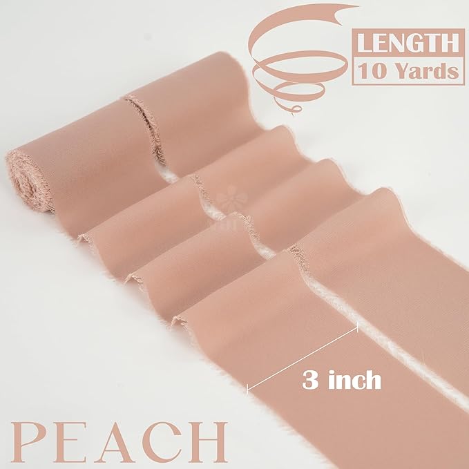 MEEDEE Peach Chiffon Ribbon 3 Inch Frayed Ribbon Orange Chiffon Silk Fringe Ribbons Wide Chiffon Ribbons for Crafts, Flower Bouquet, Wedding Favors Wrapping (2 Rolls 10 Yards)