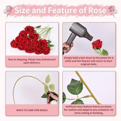 52 PCS Red Roses Artificial Flowers, Fake Red Rose Bouquet, Artificial Silk Red Roses with Stems for Wedding Flowers Decoration, Valentines Day Mothers Day, Bridal Bouquet Roses