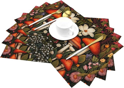 Placemats Set of 4 PVC Woven Place Mats Heat Resistant Easy to Clean for Indoor Outdoor Party Kitchen Dining Table Decoration 12"x18",Mushroom Pattern