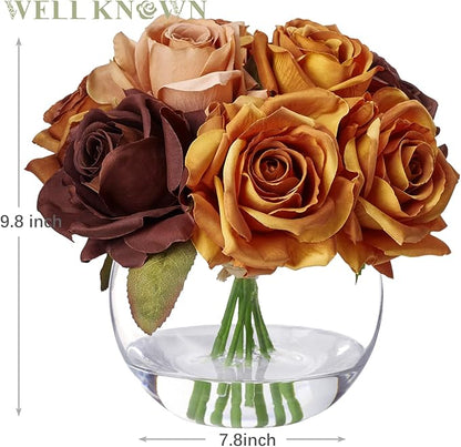 WELL KNOWN Silk Rose Artificial Flowers Arrangements with Vase, Artificial Rose Bouquet in Round Bowl Vase with Faux Water for Home Party Wedding Table Decor & Gift (Maillard Brown & Burnt Orange)