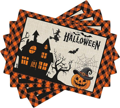 Halloween Placemats Cartoon Retro Funny Horror Castle Spider Web Magic Witch Pumpkin Bat Pumpkin Placemats Table Kitchen Dining Party 12x18 Inch Set of 4