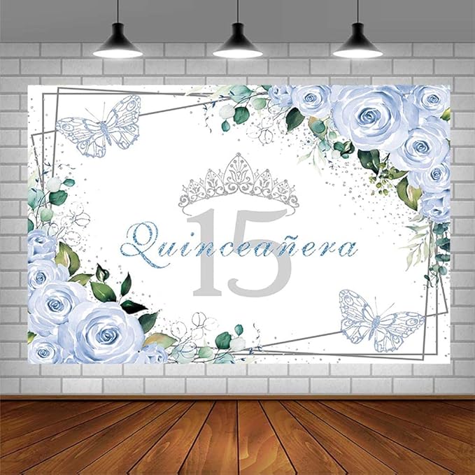 SENDY 7x5ft Quinceañera Backdrop Mis Quince 15 Anos Birthday Party Decoration Supplies for Girl Princess Blue Floral Butterfly Silver Crown Photography Background Banner Photo Booth Studio Props