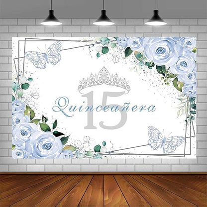 SENDY 7x5ft Quinceañera Backdrop Mis Quince 15 Anos Birthday Party Decoration Supplies for Girl Princess Blue Floral Butterfly Silver Crown Photography Background Banner Photo Booth Studio Props
