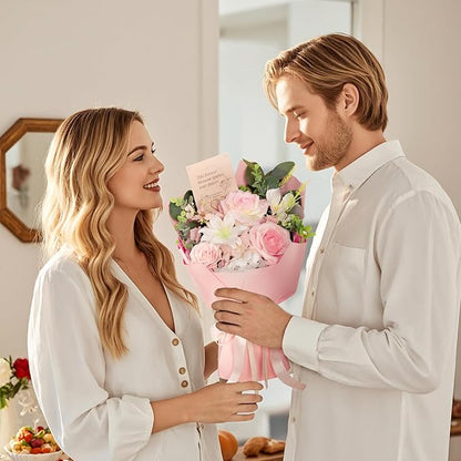 TINGE TIME Aritifical Flowers Bouquet, Pink Roses Gift Bouquet, Birthday Gifts for Women, Eternal Roses Bouquet for Grandma Wife Anniversary (PeachPink&White)