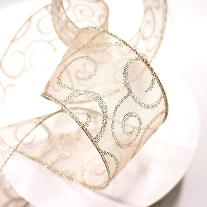 CT CRAFT LLC Organza with Champagne Gold Glitter Swirls Wired Ribbon 2.5 inch x 50 Yards for Christmas Home Decor Tree Topper Bow Gift Wrapping DIY Crafts Wreath Garland Wedding