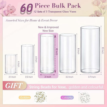 60pcs New & Improved Glass Vase Cylinder Vases for Centerpieces Small Flower Glass Clear Vases Home Decor Centerpiece Table Flower Vase Decorations for Wedding Decoration＆Holiday Mixed Sizes Tall