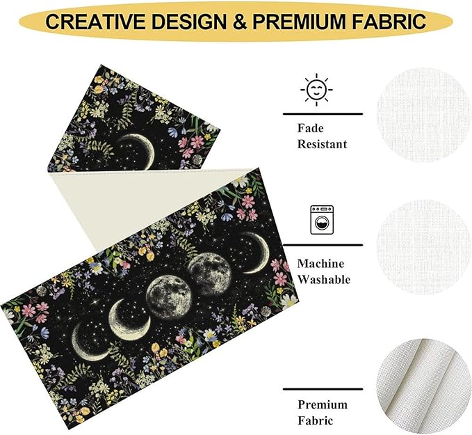 Wild Floral Table Runner, Boho Spring Gothic Moon Phase Wildflower Mystical Witchy Farmhouse Coffee Table Center Decor for Home Kitchen Dining Patio Holiday Party Table Decorations 13x36 inches
