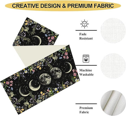 Wild Floral Table Runner, Boho Spring Gothic Moon Phase Wildflower Mystical Witchy Farmhouse Coffee Table Center Decor for Home Kitchen Dining Patio Holiday Party Table Decorations 13x72 inches