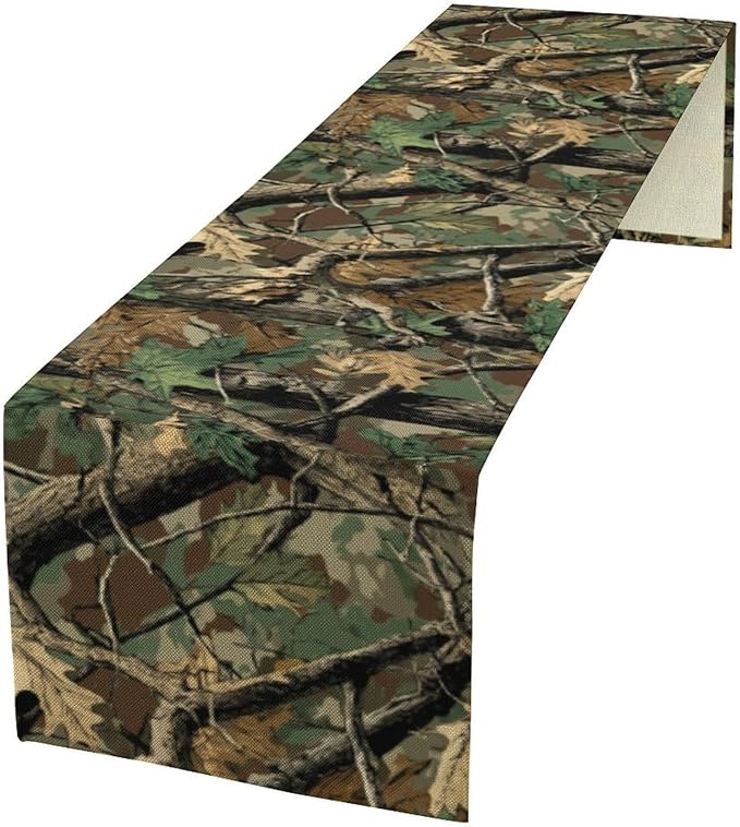 Forest Camouflage Table Runner, Camo Conifer Oak Branches Leaves Military Mossy Lodge Country Camp Cabin Theme Dinner Table Runner for Home Kitchen Dining Table Decoration 13"x60"