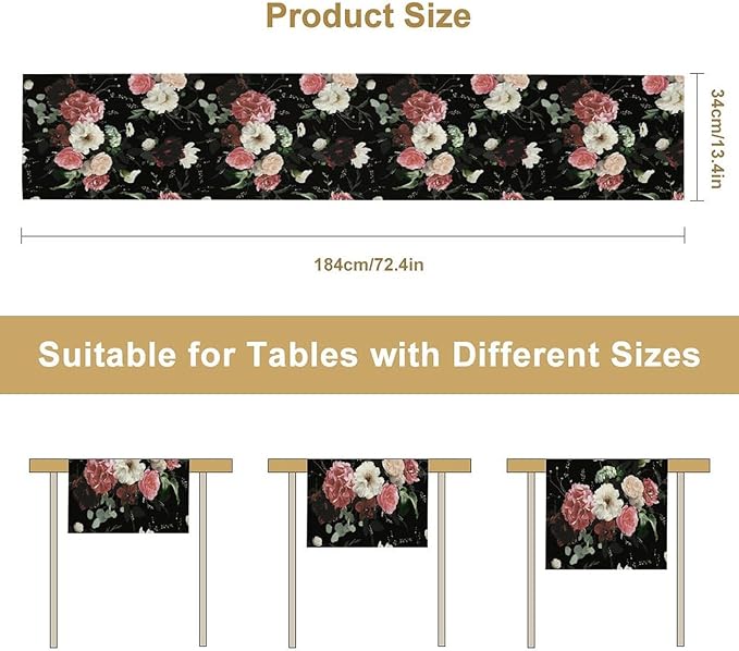 Floral Table Runner,Vintage Gothic Flowers Plant Prints Table Runner for Home Kitchen Table Decor Dining Coffee Room Party Decor 13x90 Inch