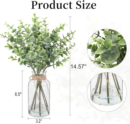 Artificial Eucalyptus Stems in Glass Vase with Faux Water, 14.57" Small Fake Plants Eucalyptus Leaves for Centerpiece Table Bathroom Farmhouse Shelf Kitchen Office Home Faux Greenery Decor