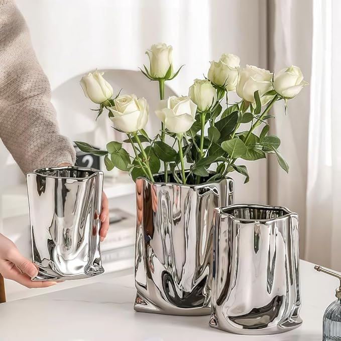 Ceramic Flower Vase, Crinkle Paper Shape, Silver Metal, Decorative Home Accent (Small)