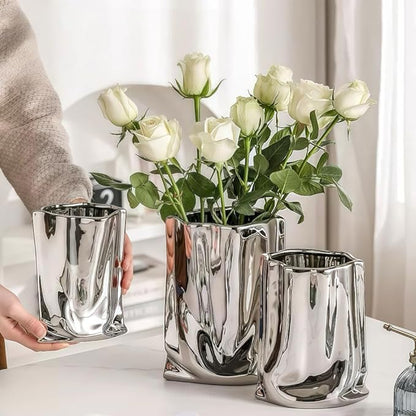 Ceramic Flower Vase, Crinkle Paper Shape, Silver Metal, Decorative Home Accent (Small)