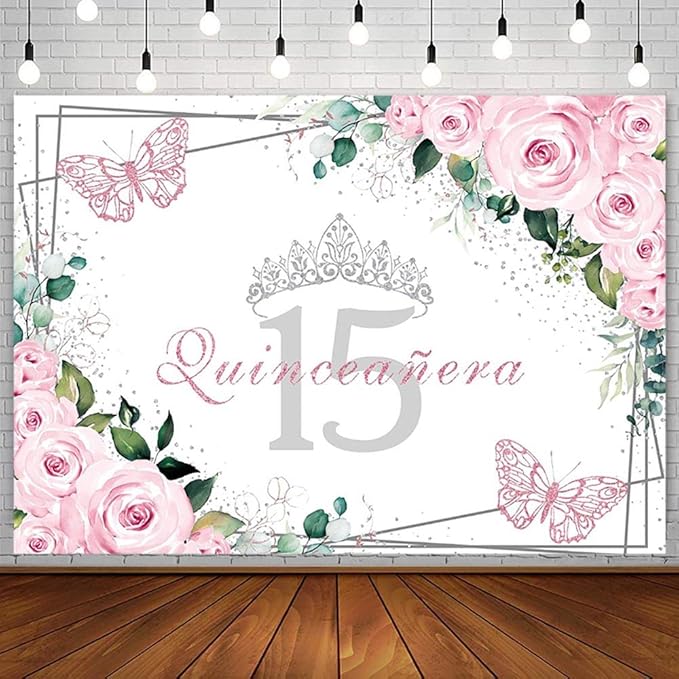 SENDY 8x6ft Quinceañera Backdrop Mis Quince 15 Anos Birthday Party Decorations Supplies for Girl Princess Pink Floral Butterfly Silver Crown Photography Background Banner Photo Booth Studio Props