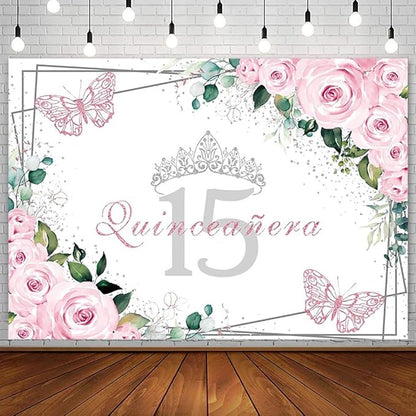 SENDY 8x6ft Quinceañera Backdrop Mis Quince 15 Anos Birthday Party Decorations Supplies for Girl Princess Pink Floral Butterfly Silver Crown Photography Background Banner Photo Booth Studio Props
