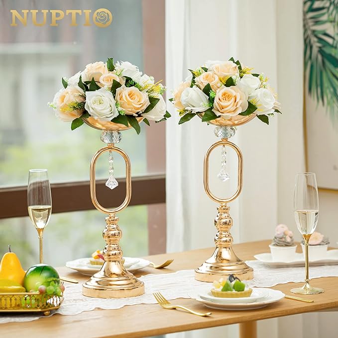 NUPTIO Artificial Flower Centerpieces for Tables: 6 Pcs Peachy Champagne & White Flower Ball Arrangement for Wedding Party - 9.5 Inch Diameter Floral Rose for Bridal Shower Decor