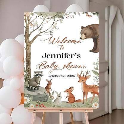 Personalized Baby Shower Welcome Sign With Stand, Forest Animal Baby Shower Yard Sign Decorations, Birthday Welcome Sign For Boy, Due Date Caledar Sign Template