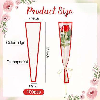 BEISHIDA 100 PCS Single Rose Sleeve Single Flower Wrapping Bags Single Rose Packaging Cellophane Flower Sleeves for Florist Bouquet Supplies, Mother's Day, Valentine's Day,Wedding Gift(Black Edge)