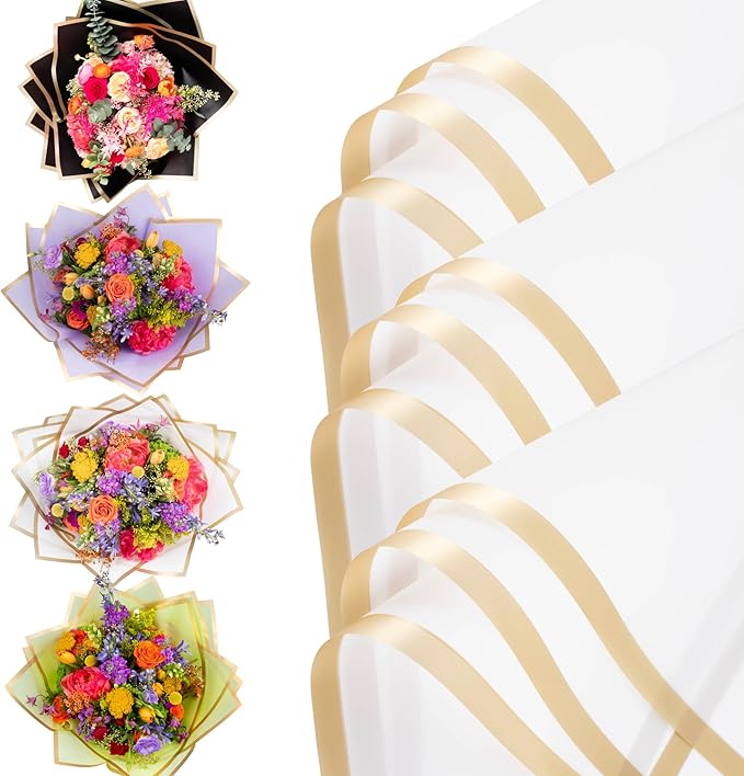 the florist Supply 20 Sheets Premium Flower Wrapping Paper | Waterproof Flower Wrapping Paper for Bouquets | Double Sided Floral Bouquet Sheets | DIY Gifts Borderline White/Gold
