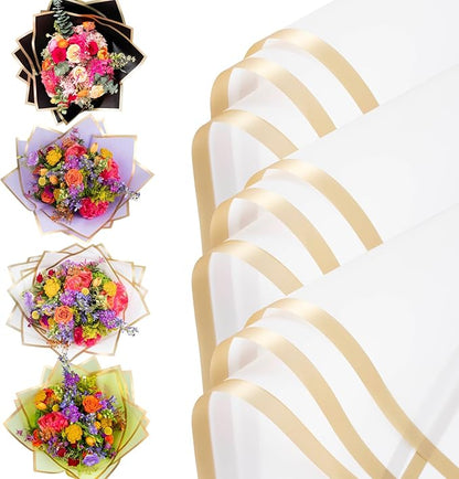 the florist Supply 20 Sheets Premium Flower Wrapping Paper | Waterproof Flower Wrapping Paper for Bouquets | Double Sided Floral Bouquet Sheets | DIY Gifts Borderline White/Gold