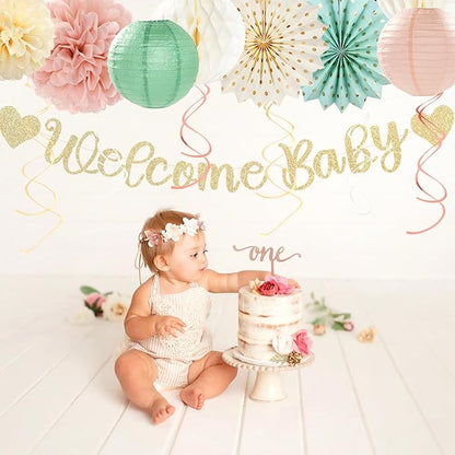 Sage-Green Blush-Beige Baby Shower Party-Decorations - 21pcs Girls Welcome Baby Banner,Light Dusty Pink Paper Lanterns Pom Poms,Safari Woodland Boho Neutral Streamers Garland Decor Favors Huglony