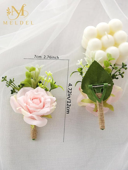 Meldel Wrist Corsage and Boutonniere Set(2pcs), Artificial Silk Rose Pink Wrist Flower for Bride Bridesmaids, Boutonniere for Groom Best Man Wedding Flower Accessories Prom Ceremony Party Decor