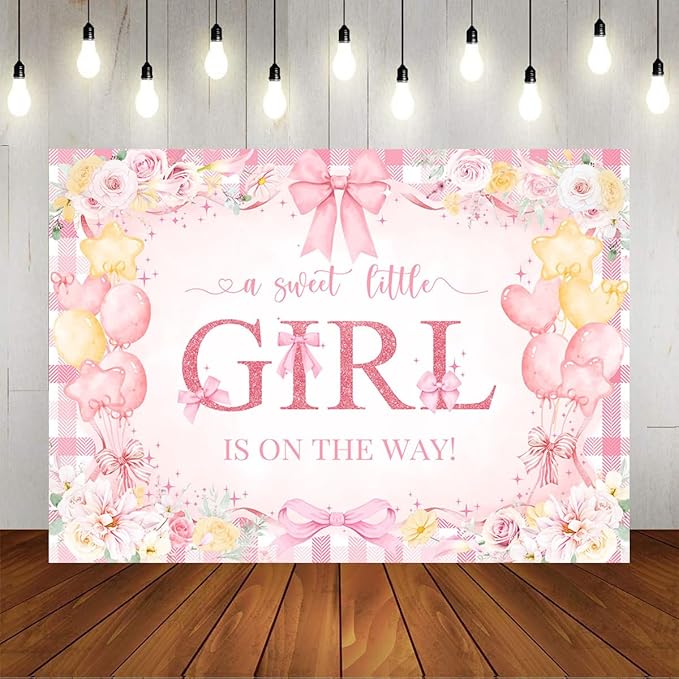 Mocsicka 7x5ft Girl Baby Shower Backdrop Pink Bow Floral Sweet Baby Girl is On The Way Decorations Banner Watercolor Balloon It's a Girl Banner Photo Booth Props (7x5ft (82x60 inch))