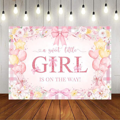 Mocsicka 7x5ft Girl Baby Shower Backdrop Pink Bow Floral Sweet Baby Girl is On The Way Decorations Banner Watercolor Balloon It's a Girl Banner Photo Booth Props (7x5ft (82x60 inch))