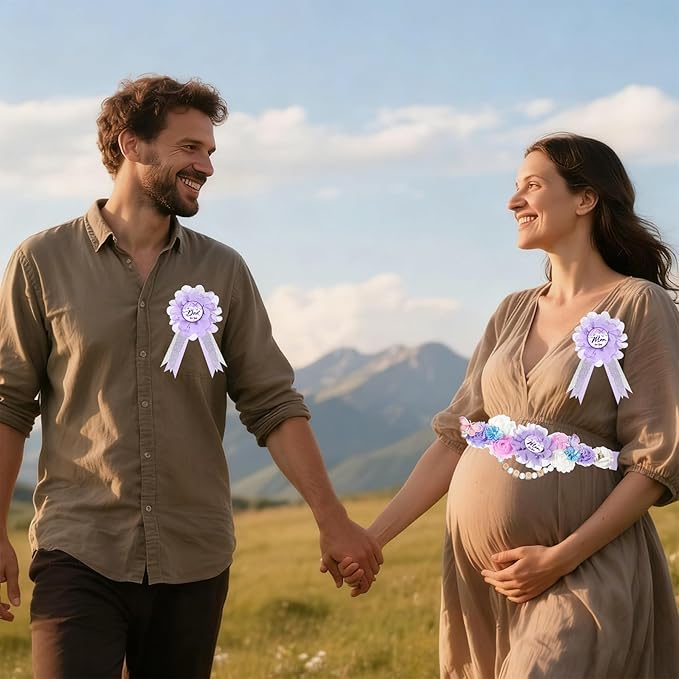 INSYOHO Butterfly Baby Shower Decorations - Adjustable a Little Butterfly is on Her Way Theme Maternity Belt with Purple Flowers Baby Shower Decorations, Gender Reveal Party Supplies for Mom to Be