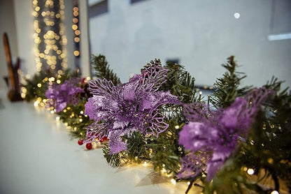 RECUTMS 10 Packs Christmas Glitter Poinsettia Flowers Artificial Christmas Flowers Decorations Wedding Xmas Tree New Year Ornaments Xmas Garland Wreath DIY Decorations Supplies(Light Purple)
