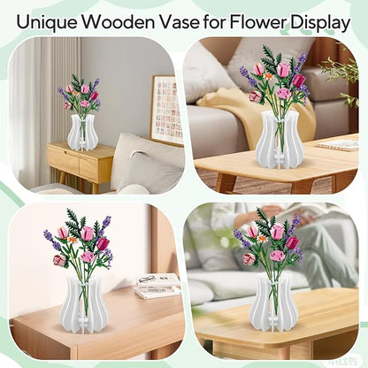 Wooden Vase for Lego Flowers - Wooden Vase for Lego Bouquet, Wood Vases Puzzle Set for LegoRoses Sunflower Tulips, Vases Kit for Artificial Bouquet Arrangement Home and Office Decoration (White)