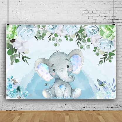 AOFOTO Flowers Baby Elephant Backdrop Light Blue 6x4ft Boy Gender Reveal Party Decorations Sweet Floral Baby Shower Photo Shoot Background for Photography Kids Child Birthday Photo Studio Props Vinyl
