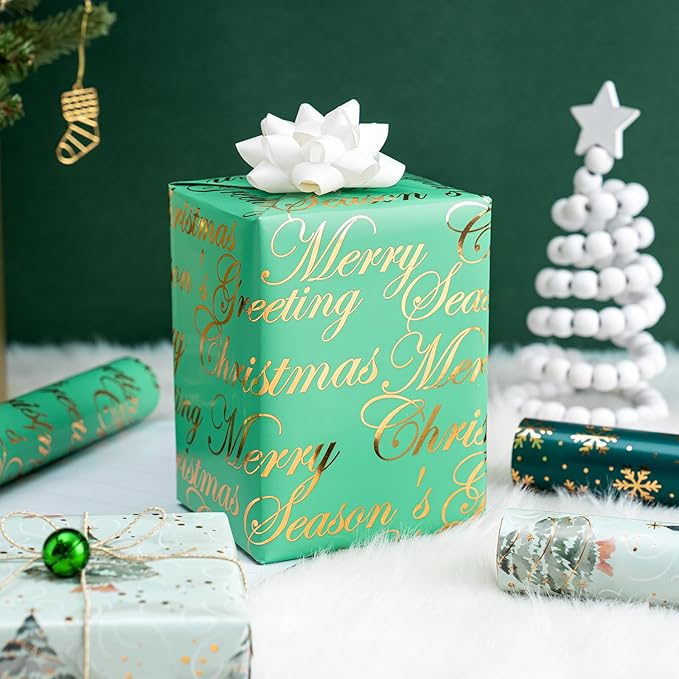 WRAPAHOLIC Christmas Wrapping Paper - 3 Rolls, 17 Inch X 120 Inch Each - Green Foil Christmas Tree, Snowflake Designs with Metallic Shine - Perfect for Christmas, Holiday