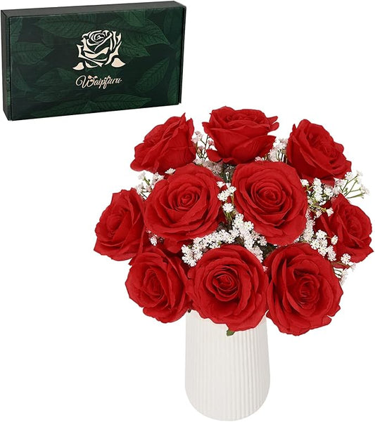 Waipfaru 20 Pcs Fake Red Roses Babys Breath Artificial Flowers Bulk, Silk Red Rose Faux Babys Breath with Long Stems for Wedding Bouquet Vase Flower Arrangement