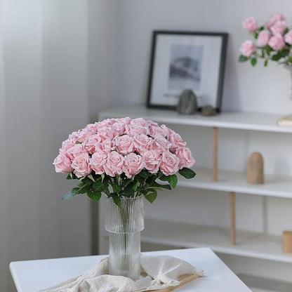 FOTEEWL 60 Pcs Artificial Rose Flower Realistic Faux Silk Roses Stem Fake Roses Bouquet for Flower Arrangement,Wedding Centerpieces,Party,Home Decorations (Pink)