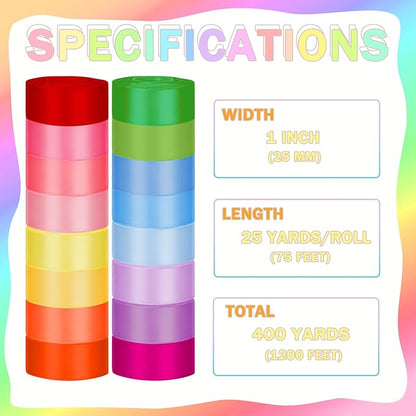 400 Yard Satin Ribbon for Crafts, 16 Rolls 1 Inch Single Face Assortment Ribbons for Gift Wrapping Flower Bouquet Wedding Invitations Birthday Party Festival Decoration Hair Bows
