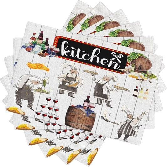 Chef Kitchen Linen Placemats Set of 6 Wine Cooking Theme Placemats for Indoor Outdoor Party Home Desktop Dining Room Decor 12x18 Inch