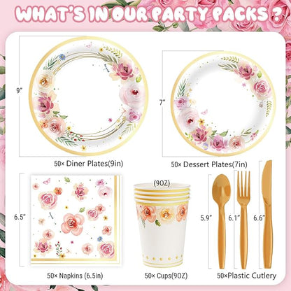 353PCS Floral Paper Plates and Napkins Party Supplies - Serves 50 Floral Decorations Include Plates, Cups, Napkins, Cutlery
