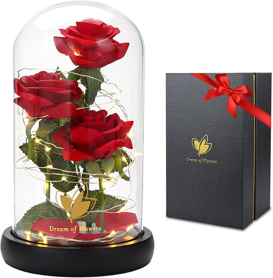 Christmas Rose Gifts for Her,Beauty and The Beast Rose Flowers 40 LED Lights Rose in Glass Dome,Woman Gifts for Christmas,Christma Ornaments Artificial Flower Rose Gift Romantic Gifts for Women