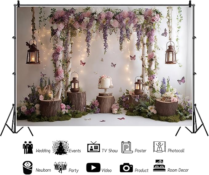 Baocicco Rustic Flower Wall Backdrops 12x8ft Farmhouse Wedding Background Photography Baby Shower Bridal Shower Backdrop Purple Floral Wooden Butterfly Backdrop Kids Adults Portraits Studio Props