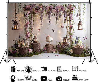 Baocicco Rustic Flower Wall Backdrops 5x3ft Farmhouse Wedding Background Photography Baby Shower Bridal Shower Backdrop Purple Floral Wooden Butterfly Backdrop Kids Adults Portraits Studio Props